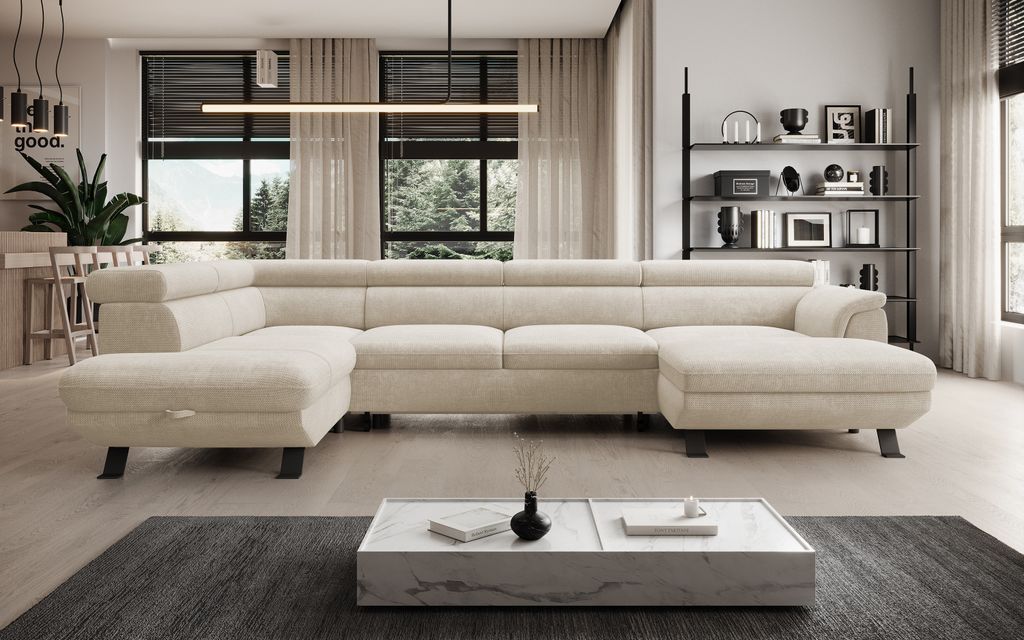 DomoHome ECKSOFA RAVEN XL - Eckcouch mit Schlaffunktion mit Ausziehbett, Verstellbaren Kopfstützen, Bettkasten, Großes Sofa 334x198x162 cm Linke ...