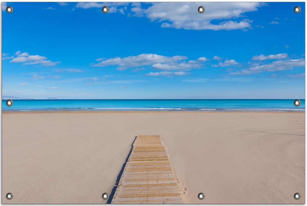Wallario Outdoor-Poster für Garten oder Balkon, Motiv Auf dem Holzweg zum blauen Meer, in ca. 80 x 120 cm