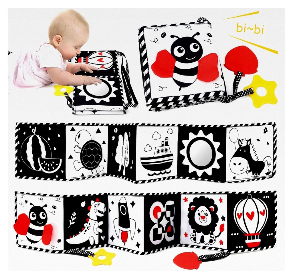 Sensorisches Spielzeug für Babys, Montessori-Spielzeug, 0-12 Monate, schwarz-weiß, weiche Bücher mit Spiegel, doppelseitig