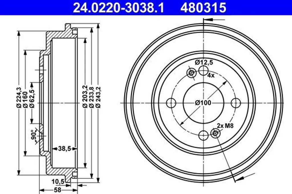 ATE Tambour de frein 24.0220-3038.1 compatible Getz (OE 584111C300)