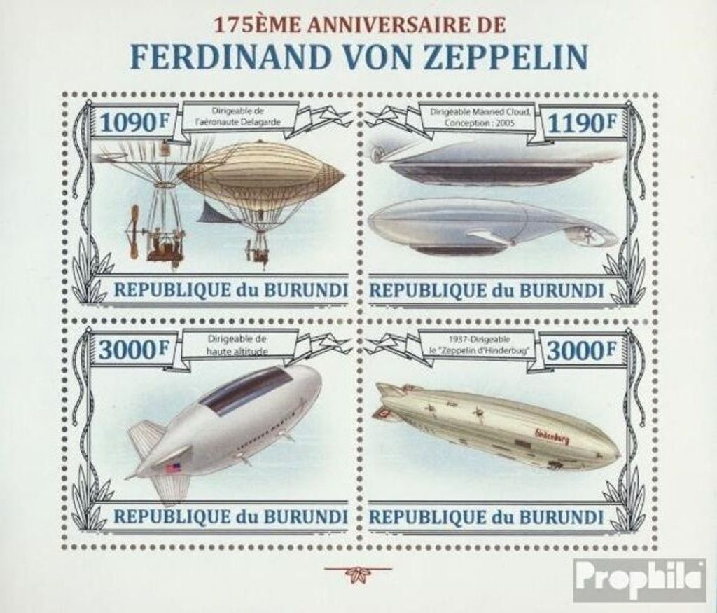 Briefmarken Burundi 2013 Mi 3193-3196 Kleinbogen (kompl. Ausgabe) postfrisch Ferdinand von Zeppelin
