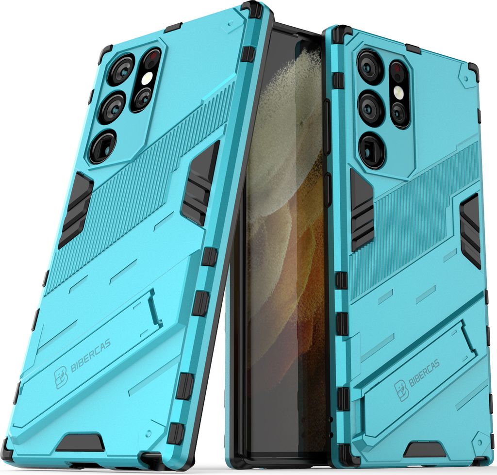 Armor Hülle für Samsung Galaxy S22 Ultra 5G, Hybrid PC TPU Bumper Stoßfestes Schutzhülle mit Standfunktion Blau