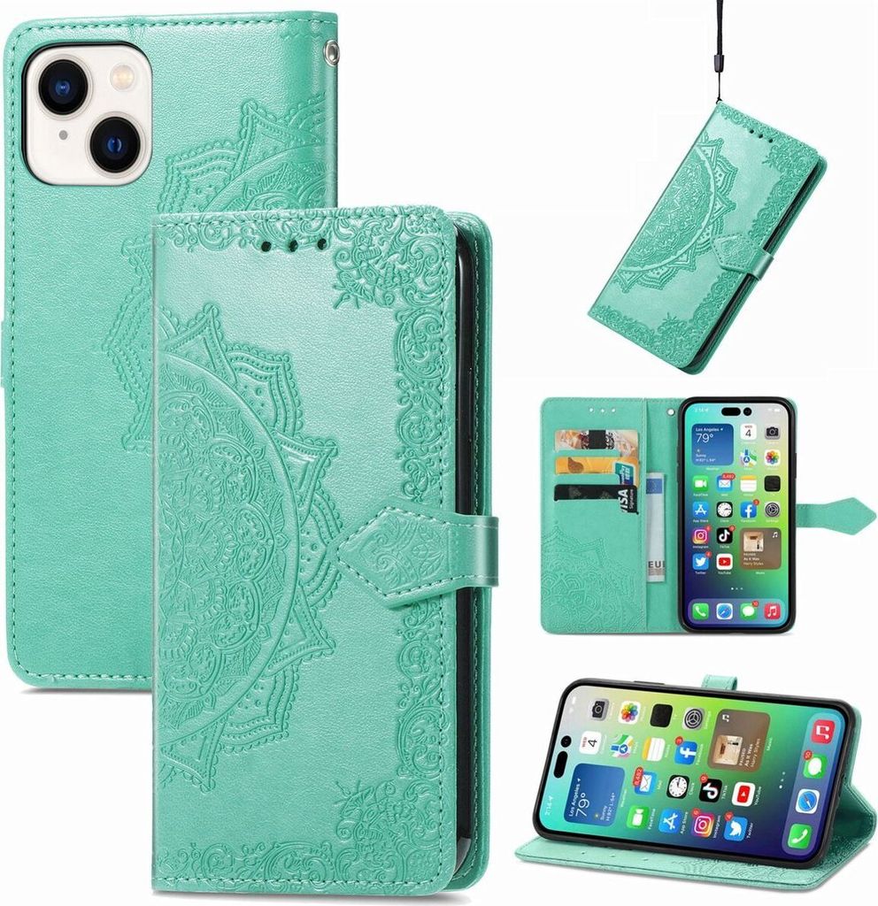König Design Hülle kompatibel mit Apple iPhone 15 Kunstleder Handyhülle - Handy Case Grün
