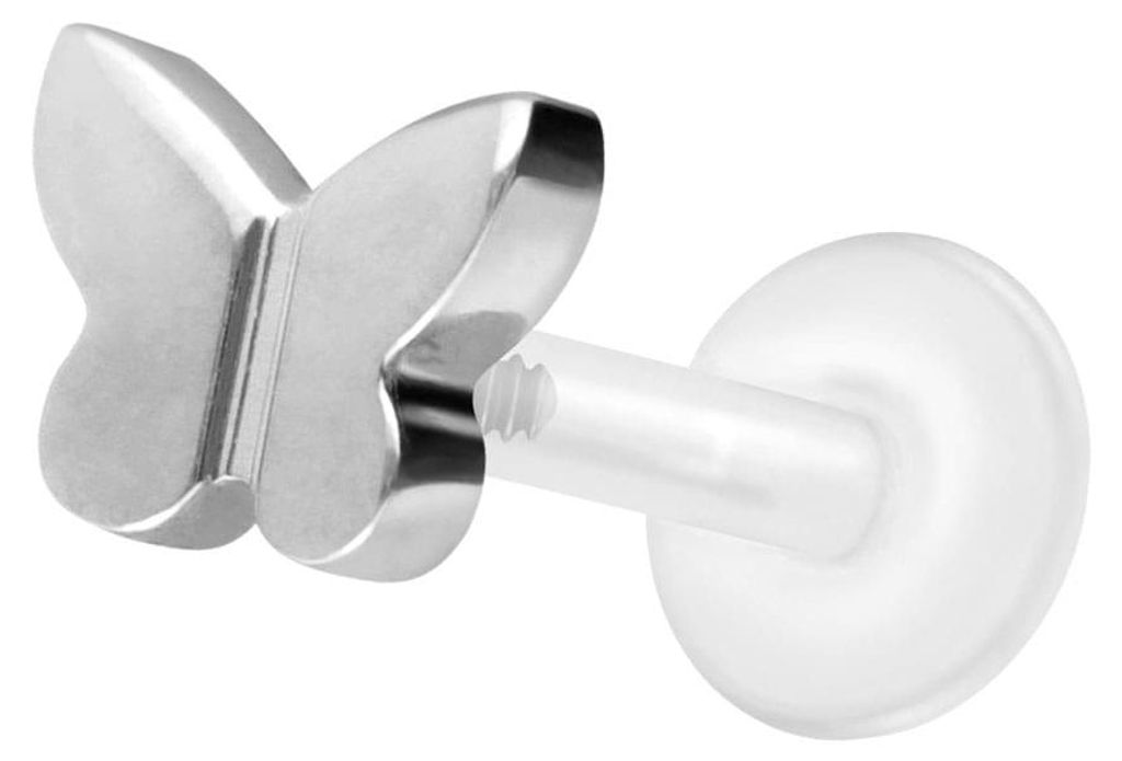 Ohrpiercing, Nasenpiercing PTFE Labret mit Innengewinde + Titan-Aufsatz SCHMETTERLING Silber Stablänge: 7mm | Stabstärke: 1,2mm