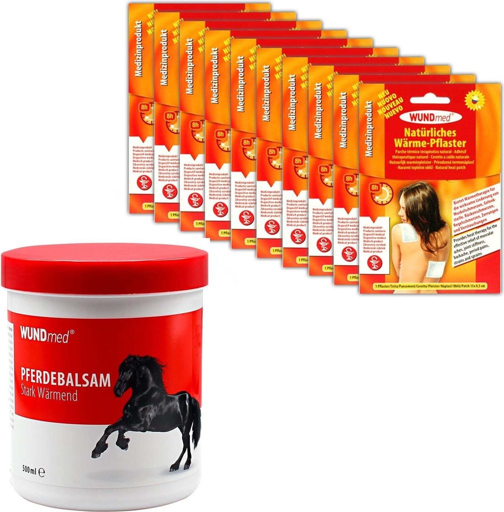 Set 1x Pferdesalbe 500ml & 10 Stück Wärmepflaster 13x9,5 cm Pferdesalbe Wärmepad Rücken Nacken Sportgel Wärmekissen Wärmetherapie Verspannung