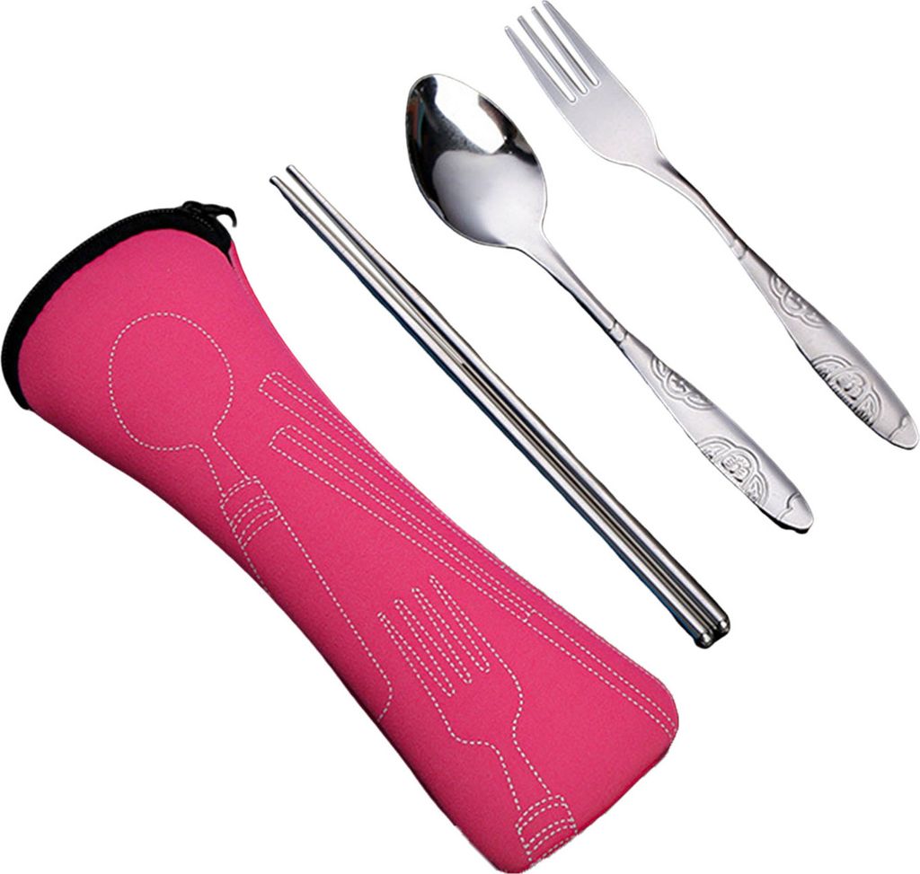 Besteckset mit Reißverschlusstasche, Reiseutensilien-Set aus Edelstahl, Gabel, Löffel, Essstäbchen, langlebige Aufbewahrungstasche für Zuhause,...