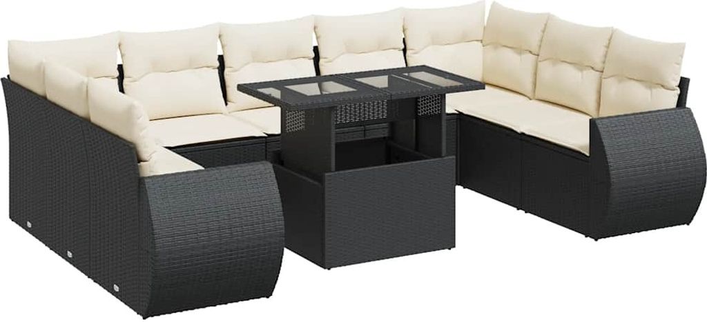 vidaXL 10-tlg. Garten-Sofagarnitur mit Kissen Schwarz Poly Rattan