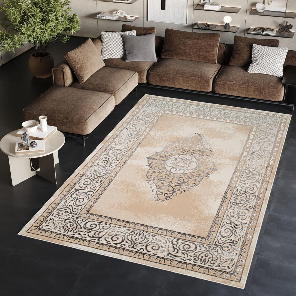 Tapiso Teppich ARES klassisch grau beige Wohnzimmer 180 x 250 cm