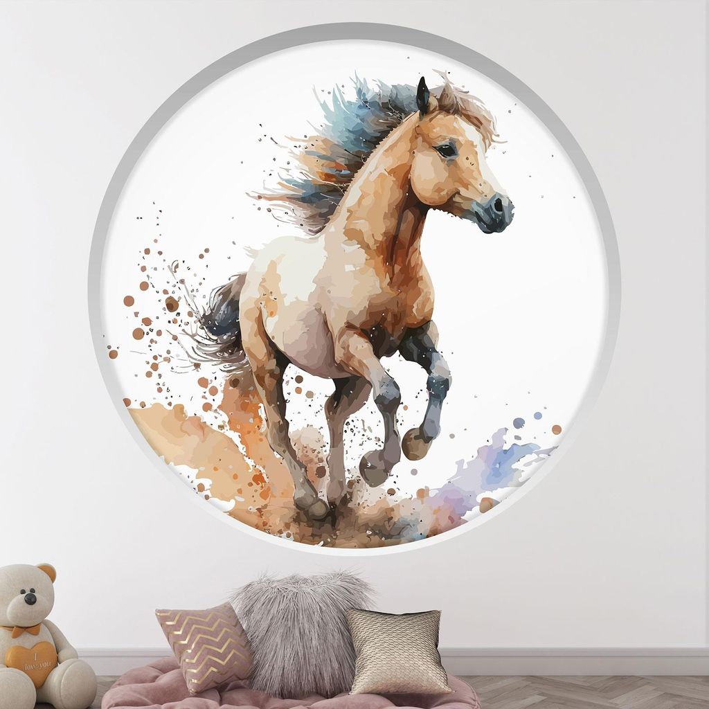 Trompe-l'œil-Aufkleber Runde Bogen Kinder - Lumaléa - Pferd - Durchmesser 130 cm