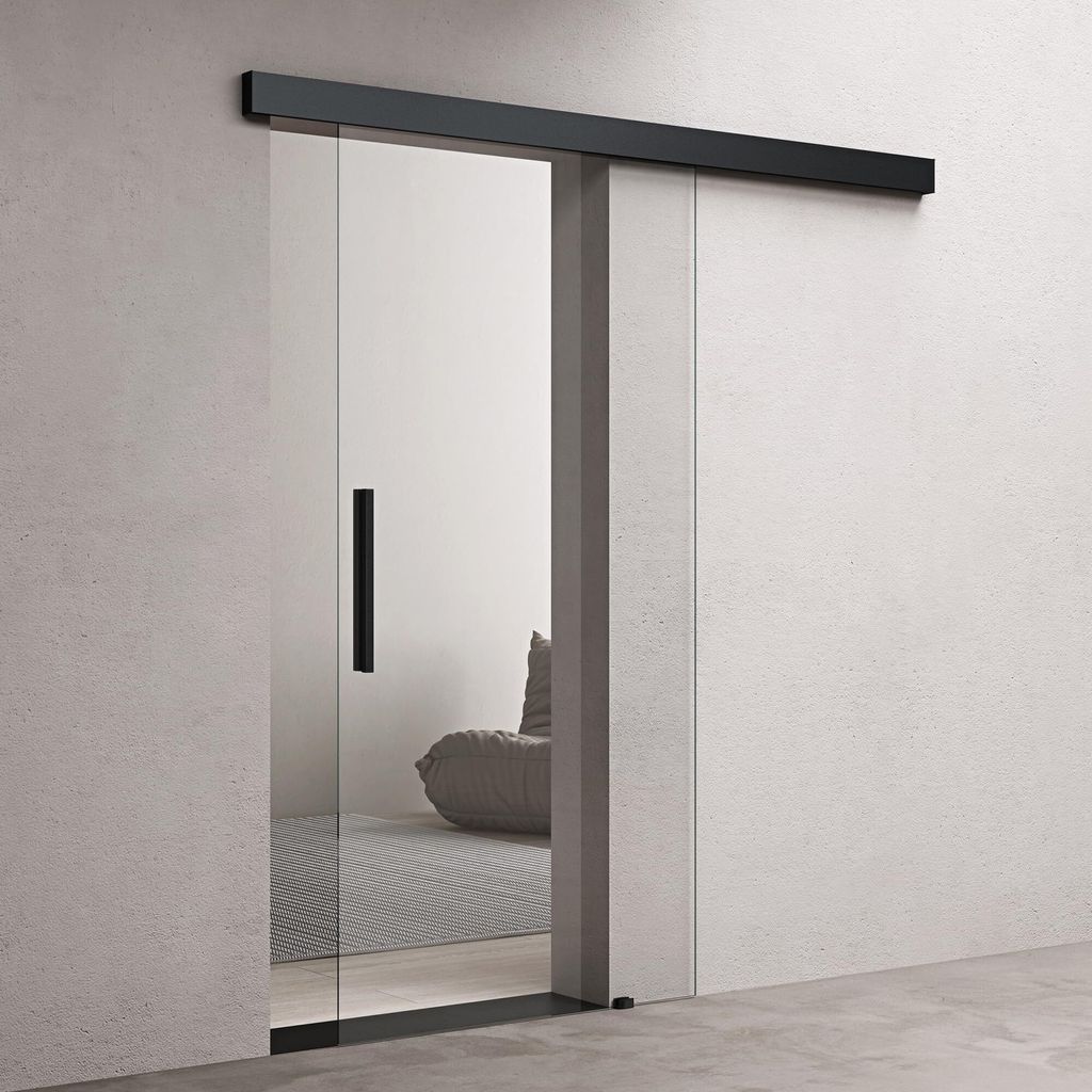 doporro Glasschiebetür komplettset 102,5 x 205cm Schiebetür mit ESG 15mm Wandabstand Zimmertür Glas Klarglas mit Stangengriff Schwarz