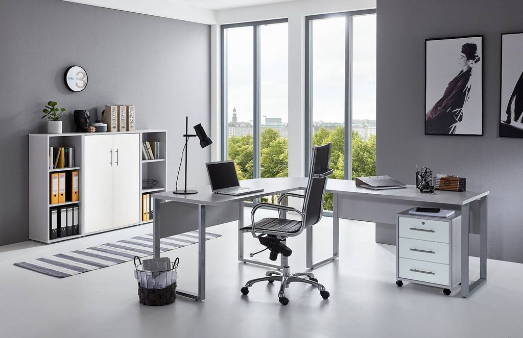 BMG Möbel Homeoffice Büromöbel Komplettset Office Edition Set 2 in lichtgrau / weiß matt Germany