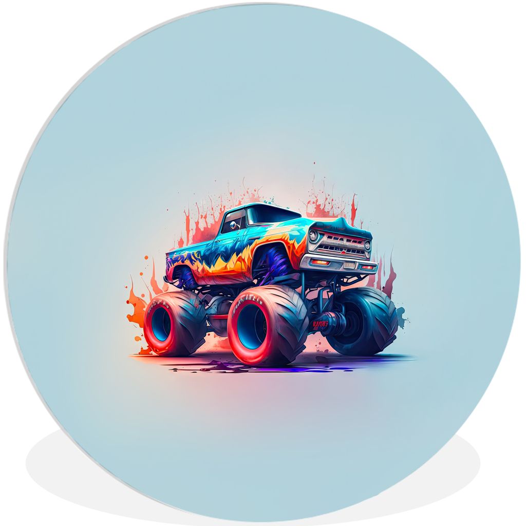 MuchoWow Rundes Wandbild - Runde Bilder Monstertruck - Flammen - Blau - Farbe - Design Ø 60 cm Kreis Wanddekoration Kunststoff - Wandkreis - Wan...
