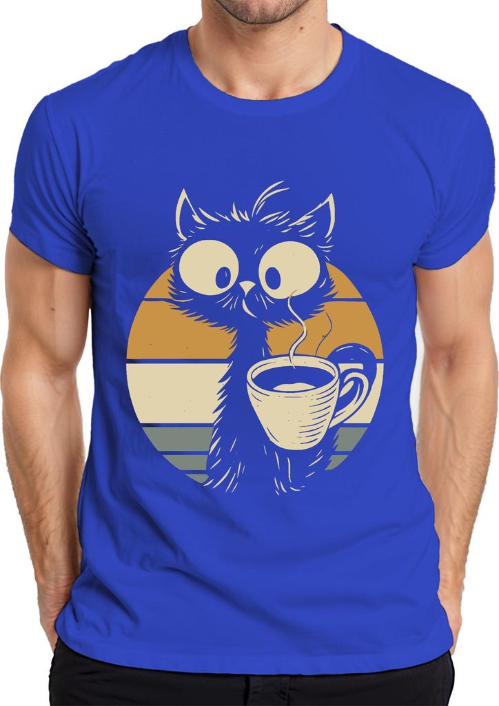 Katze mit Kaffee Kaffeetasse Niedliche Retro Sonnenuntergang Herren T-Shirt, Blau, XL