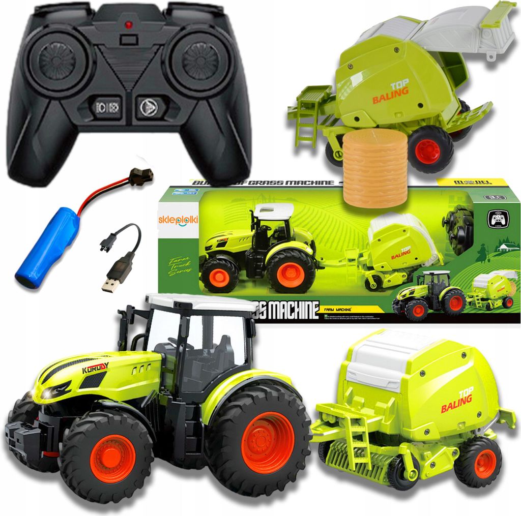 A collage of images showing a remote control tractor and baler set, including the remote control, battery, charging cable, and packaging.