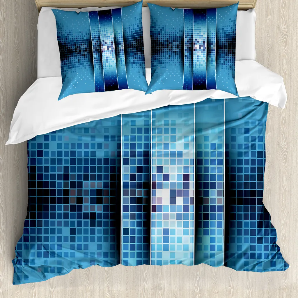 ABAKUHAUS Copripiumino astratto, motivo a mosaico quadrati, antiacaro, adatto a chi soffre di allergie, con federe, 200 cm x 200 cm - 80 x 80 cm, Indigo Sky Blue