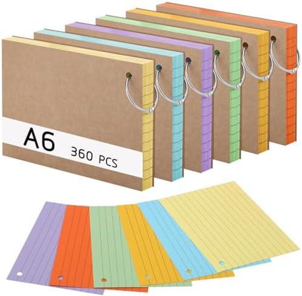 360 Stücke Karteikarten, A6 150g/m?Linierte Lernkarten mit Krafteinband und Loseblattring, Lernkarten in 6 Farben für Vokabel Lernen, Schule, Bü...