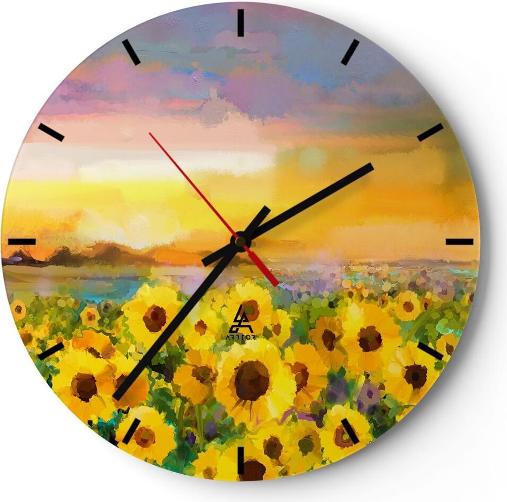 Wanduhr - Rund - Glasuhr - Sonnenblumen Blume - 30x30cm - Schleichendes Uhrwerk - Lautlos - zum Aufhängen bereit - Dekoration Modern - Wanddekorat...