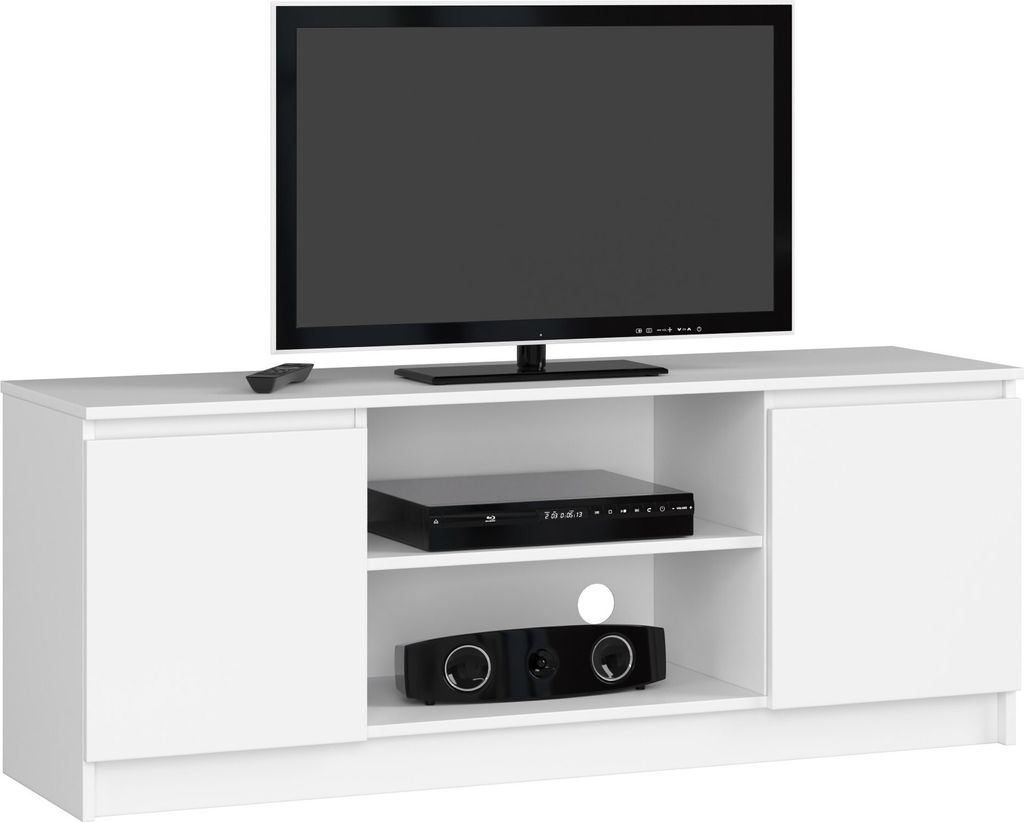 Stilvolle TV-Bank 140 cm Weiß mit Stauraum und Ausziehbaren Türen