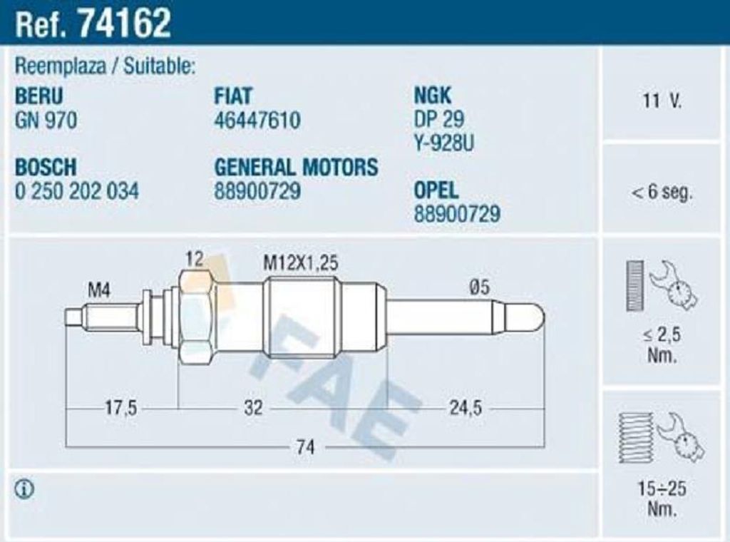 FAE 74162 Diesel Glühkerze für FIAT BRAVO I (182)