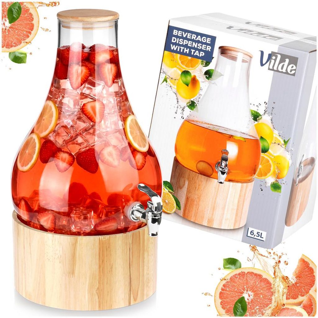 Vilde | XXL Getränkespender 6,5 L mit Zapfhahn und Bambusständer - Glas - mit Bambusdeckel - Retro Limonadenspender für Party und Garten