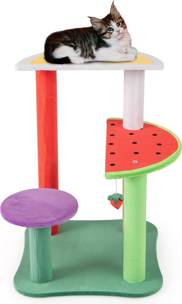GOPLUS 69 cm Kratzbaum Klein, Niedlicher mehrstöckiger Katzenbaum mit gepolsterten Plattformen & Erdbeerball & Kratzpfosten, Katzenkratzbaum, bunt