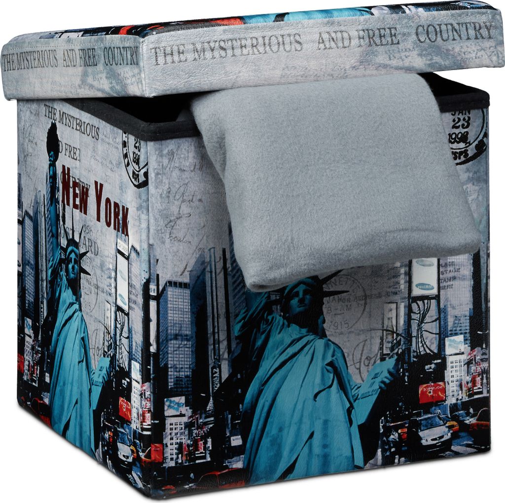 Relaxdays Sitzhocker 38 cm, stabil, faltbar, mit trendigen Motiven, Kunstleder, Aufbewahrungsbox, Deckel, New York