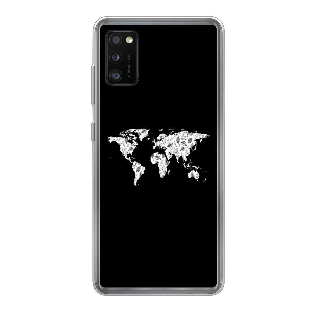 MuchoWow Handyhülle Schutzhülle Hülle für Samsung Galaxy A41 Weltkarte - Blätter - Schwarz Silikon Softcase Handy Hülle - Mobiltelefon