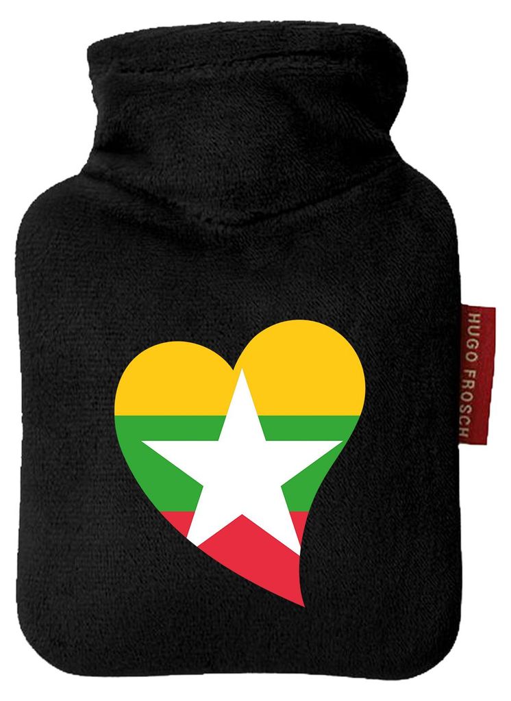 Huuraa Mini-Wärmflasche Myanmar Flagge Herz 0,2 Liter Black Mini Veloursbezug Taschenwärmer Geschenkidee