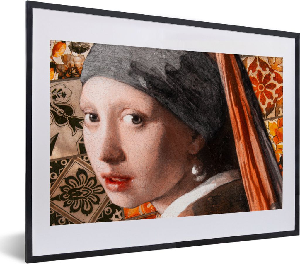 MuchoWow Gerahmtes Poster Das Mädchen mit dem Perlenohrring - Vermeer - Collage 40x30 cm - Poster mit Schwarzem Bilderrahmen Wandposter Rahmen F...