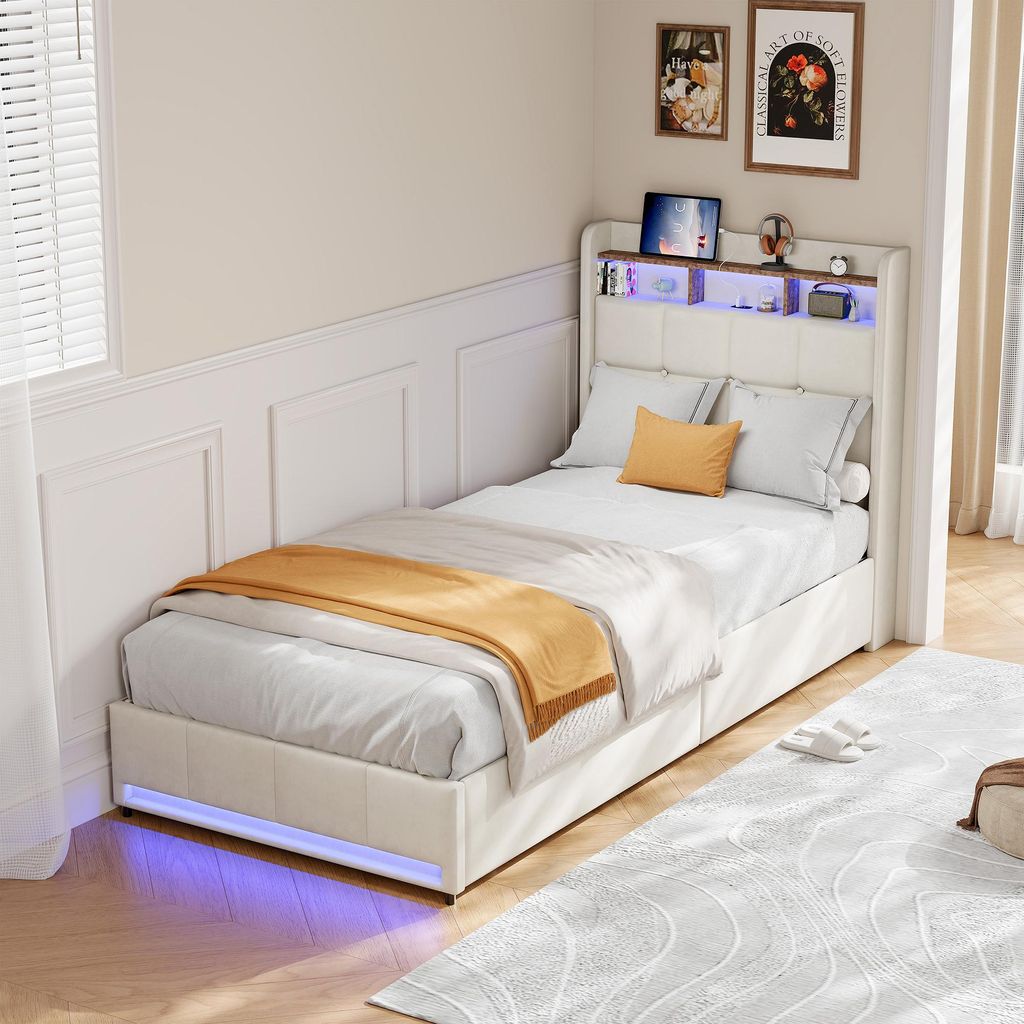 ProximaX Polsterbett 90×200 cm in Beige – Leinenstoff, 2 seitliche Schubladen, Kopfteil mit USB & Type-C-Anschluss, LED-Licht – Ideal für Sch...