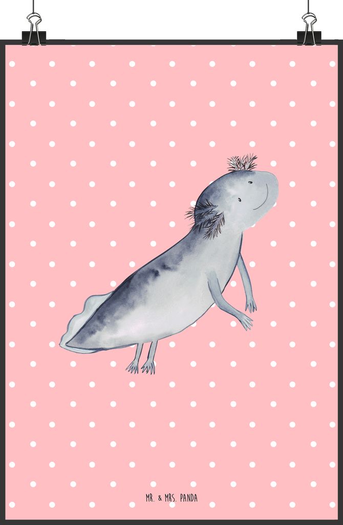 Mr. & Mrs. Panda Bild Axolotl Schwimmen DIN A2 - Rot Pastell - Geschenk, Wandbild, Plakat, Lurch, Froh, Kunstdruck, drucke, Problem, wanddeko, Opti...