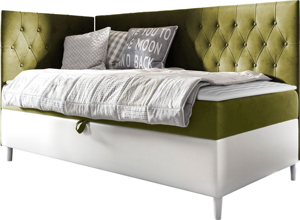 MIRJAN24 Boxspringbett Filip Junior 3 80x200, Einzelbett mit Bonellfederkern, Härtegrad - H3 (Farbe: Soft 017 + Fresh 12, Seite zum Öffnen des Be...