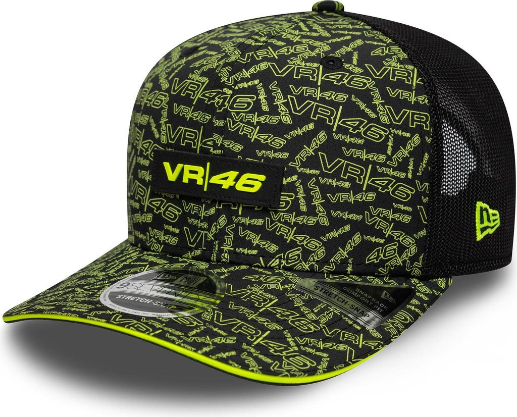 Valentino Rossi VR46 Trucker Cap 9SEVENTY Stretch New Era, Offizieller Fanartikel, Schwarze Kappe mit VR46 Allover-Print in Neon Yellow, Mesh, Poly...