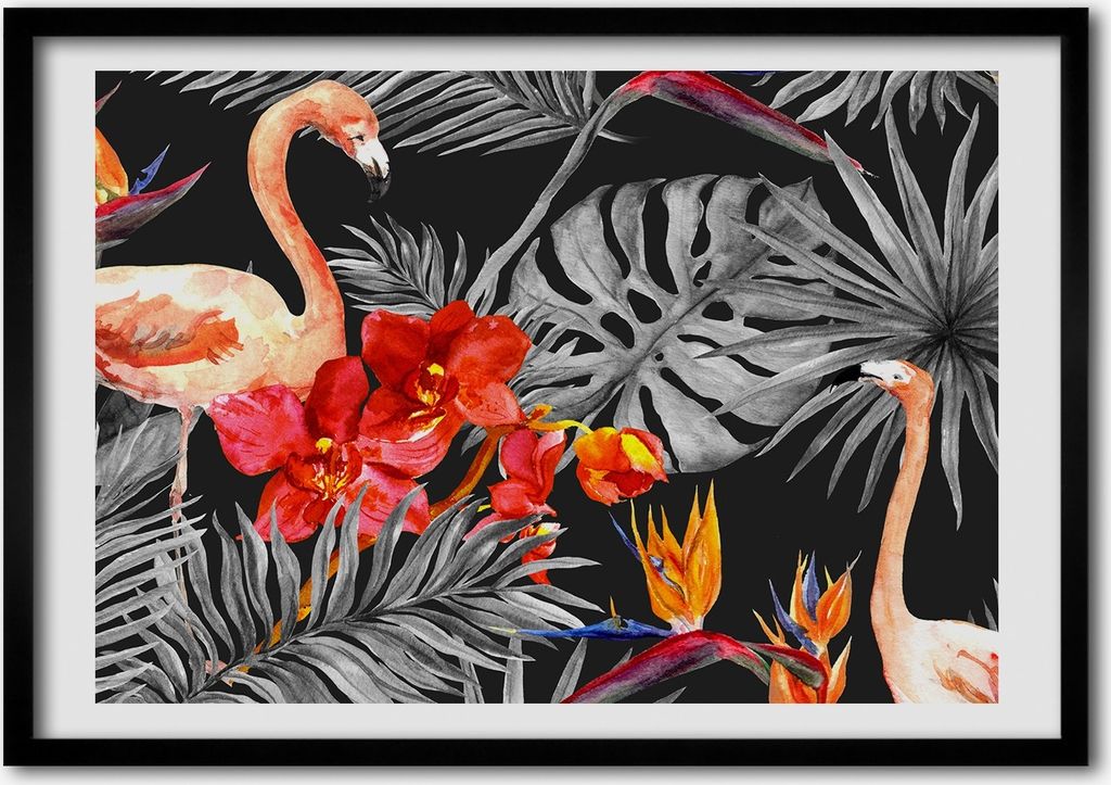 Bild - Bilder - Bilderrahmen - 70 cm x 50 cm - MDF-Rahmen, Wandkunst Flamingos und Blumen
