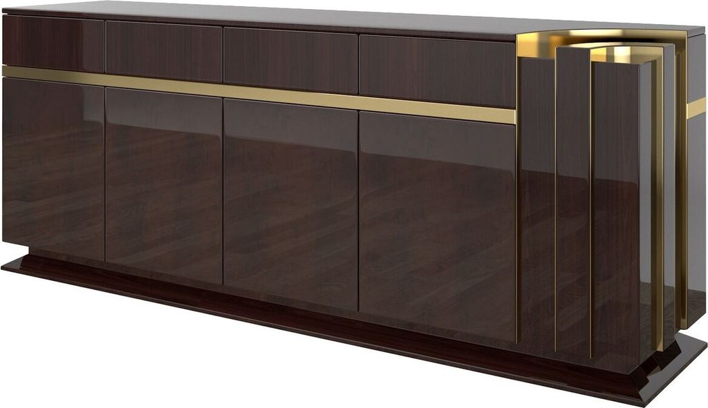 Casa Padrino Designer Sideboard Dunkelbraun Hochglanz / Gold 220 x 50 x H. 85 cm - Edler Schrank mit 4 Türen und 4 Schubladen - Luxus Wohnzimmer M...