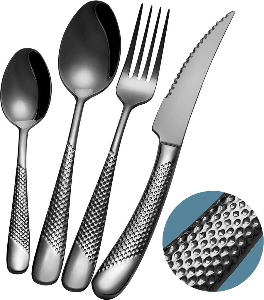Besteck Set 6 Personen Schwarz modern gehämmertes, mit ultrascharfem 2-IN-1 gezacktem Messer, 18/10 Edelstahl 24 teilig, Messer Gabeln Löffel Set...