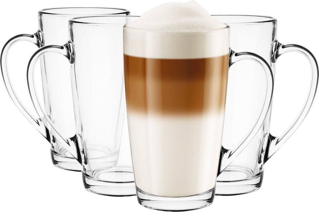GLASMARK Glasbecher 4-Set 400 ml Große (max. 425ml) 4 Stück mit Henkel Kaffeegläser Teeglas mit Griff Cappuccino Latte Macchiato Gläser trans...