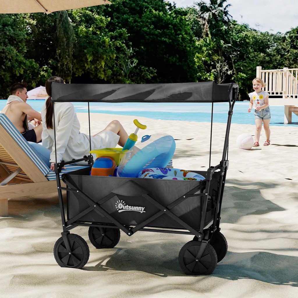 Bollerwagen mit Dach, klappbar, 110L Kapazität, Stahlrahmen, 97x52x105 cm, Schwarz, Stahl, Oxfordstoff, faltbar, einfache Montage