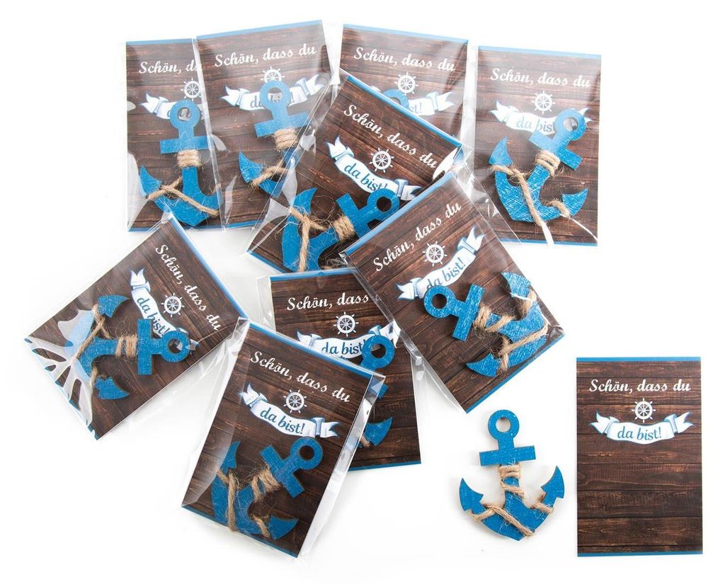 10 kleine Gastgeschenke - blaue Holzanker + kleine rustikale Kärtchen Schön dass du da bist20 Stück