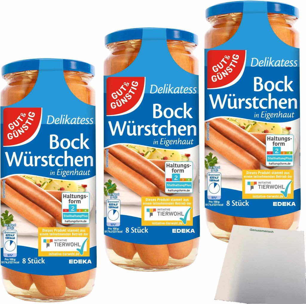 Gut & Günstig Bockwürstchen in Eigenhaut Spitzenqualität 3er Pack (24 Stück 3x720g ATG) + usy Block