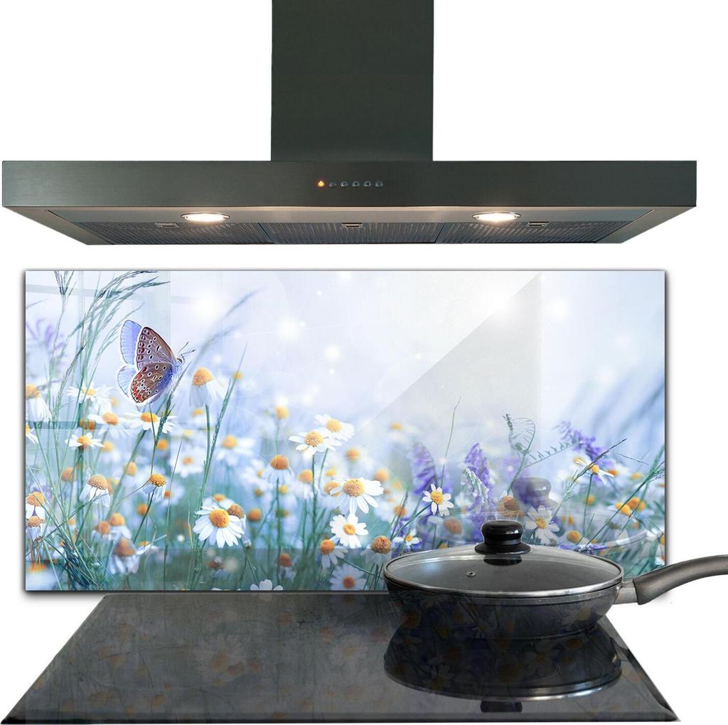 Spritzschutz aus Glas Küchenrückwand - Wandschutz für Herd und Spüle - 100x50 cm - Sommerwiese Schmetterlingsblüte