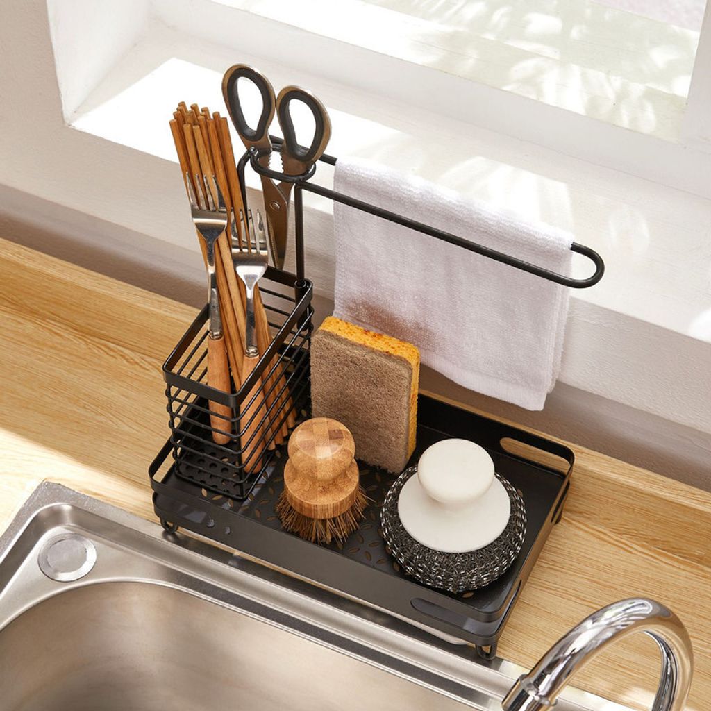 Küchenschwammhalter Mit Geschirrtuch-Aufhänger – 2-in-1 Spülen-Organizer Für Schwamm, Lappen & Bürste (weiß, Platzsparend)