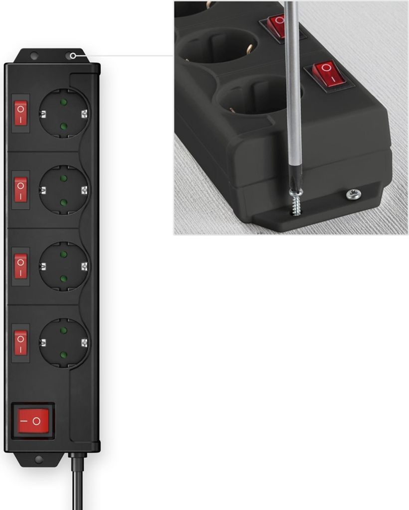 A black power strip with multiple outlets and individual switches is shown against a white background. A close-up inset shows a screwdriver being used to attach the power strip to a surface.