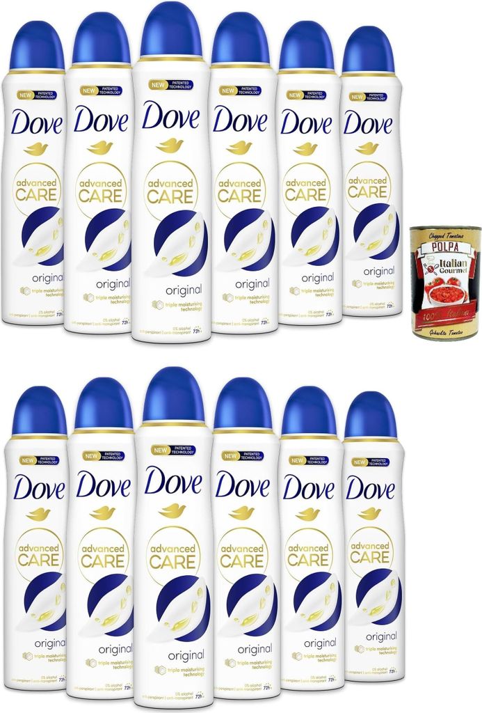 Dove Deodorante Spray Advanced Care Original, deo Mit feuchtigkeitsspendenden und empfindlichen Formel,ohne Alkohol, 72 Stunden, 12x 150 ml + Itali...