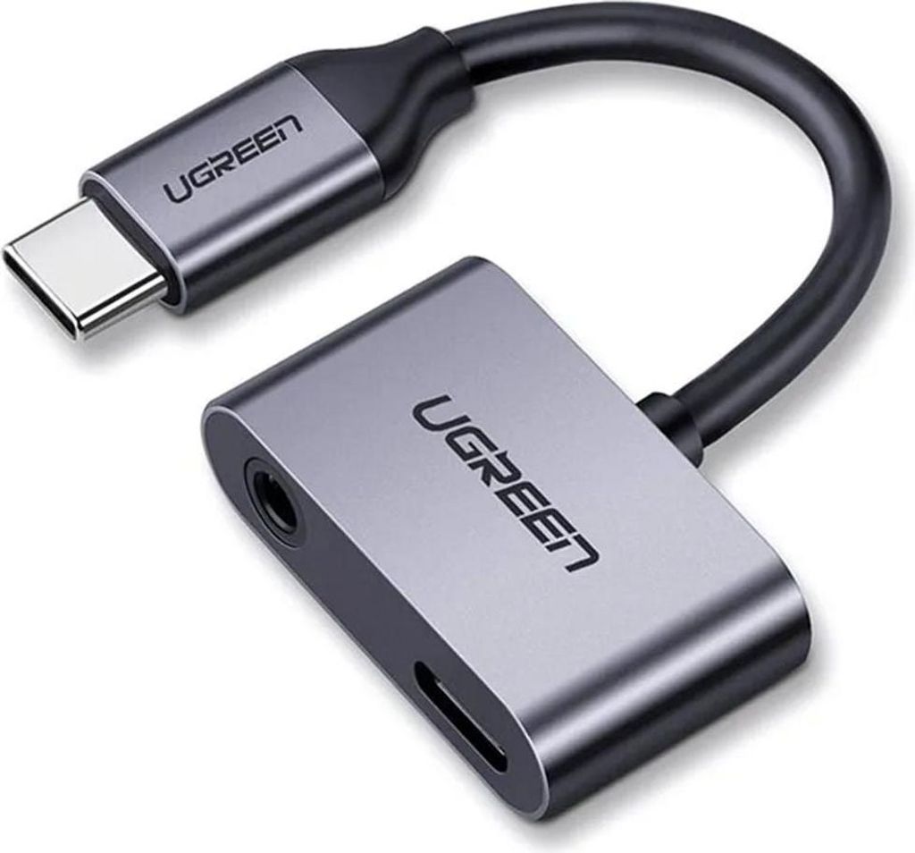 A Ugreen USB-C to 3.5mm audio adapter with a USB-C charging port is shown against a white background.