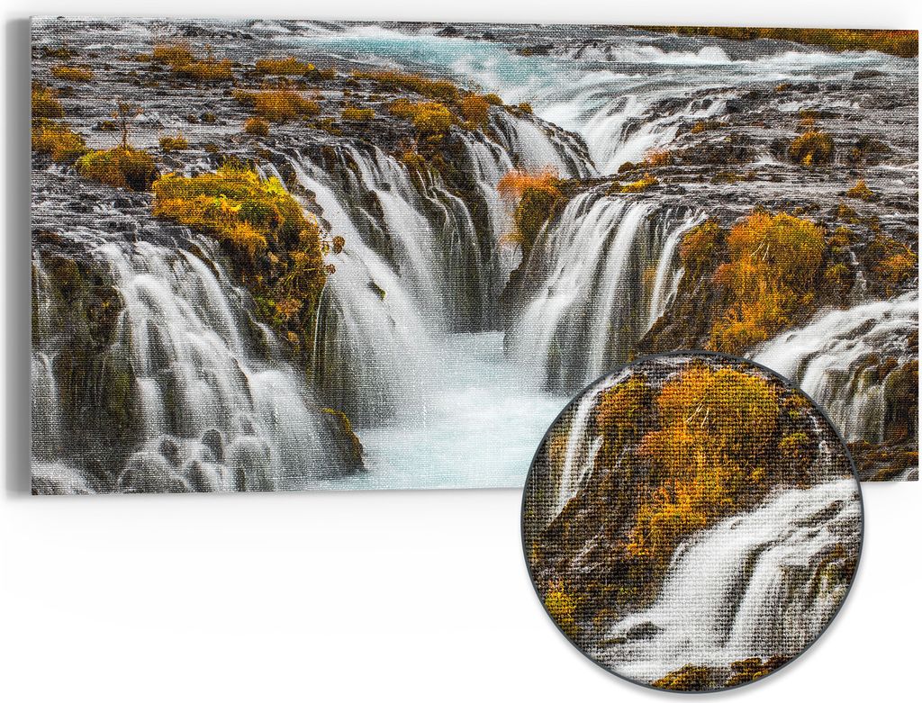 DEQORI Hybrid Leinwand Bild 60x30 cm 'Herbstlicher Wasserfluss' Wandbild Glas flach modern