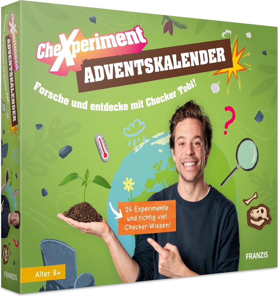 A box for a children's advent calendar with science experiments, featuring a man and various scientific illustrations.