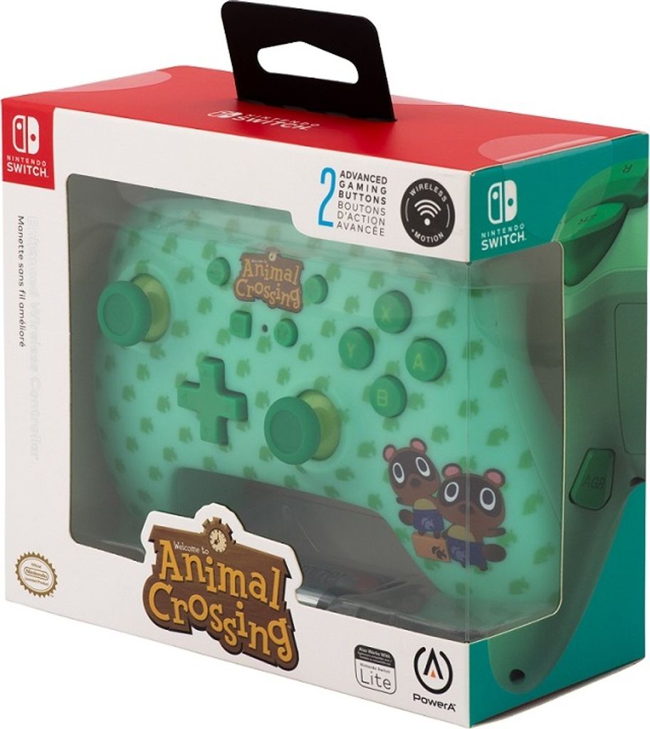 The image shows the retail packaging of a Nintendo Switch controller with an Animal Crossing theme.