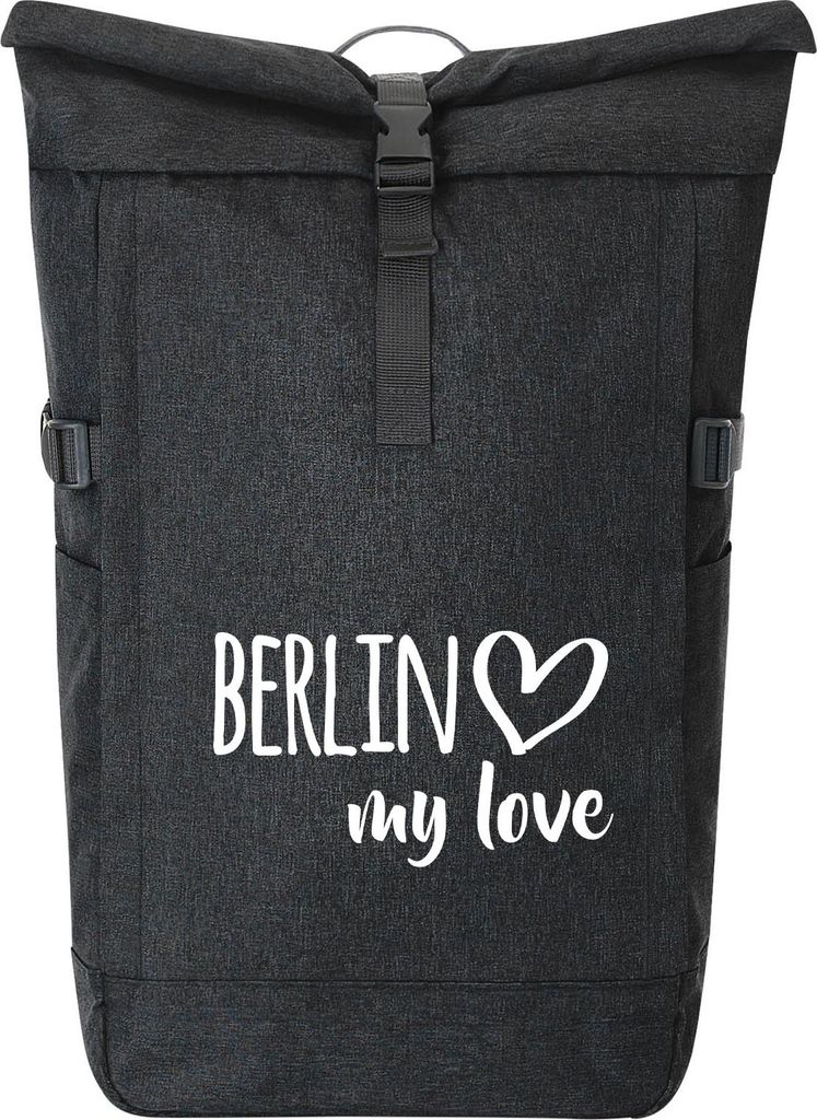 Huuraa Kurierrucksack Berlin my love 30-44 Liter Black Melange Fairtrade Rolltop Rucksack Geschenkidee