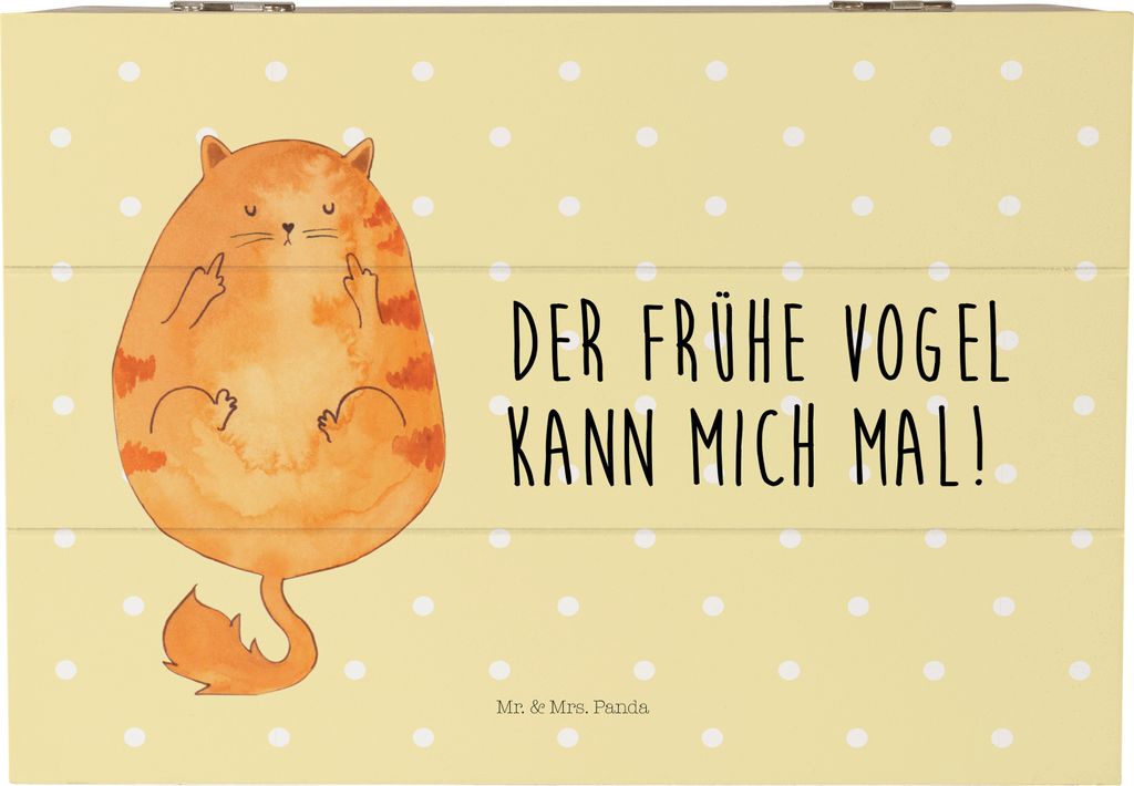 Mr. & Mrs. Panda Schatulle Katze Frühaufsteher 22 x 15 cm - Gelb Pastell - Geschenk, Schatzkiste, holz, Genervt, Katzen, Tiger, Kaffee, Erinnerung...